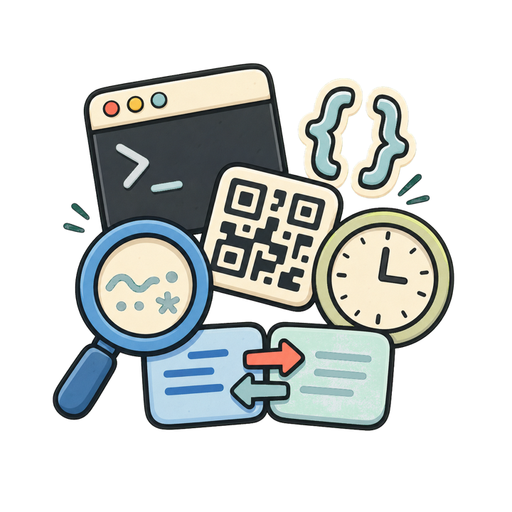 Doodly illustration of a data terminal, QR tile, timestamp clock, search lens, and diff arrows