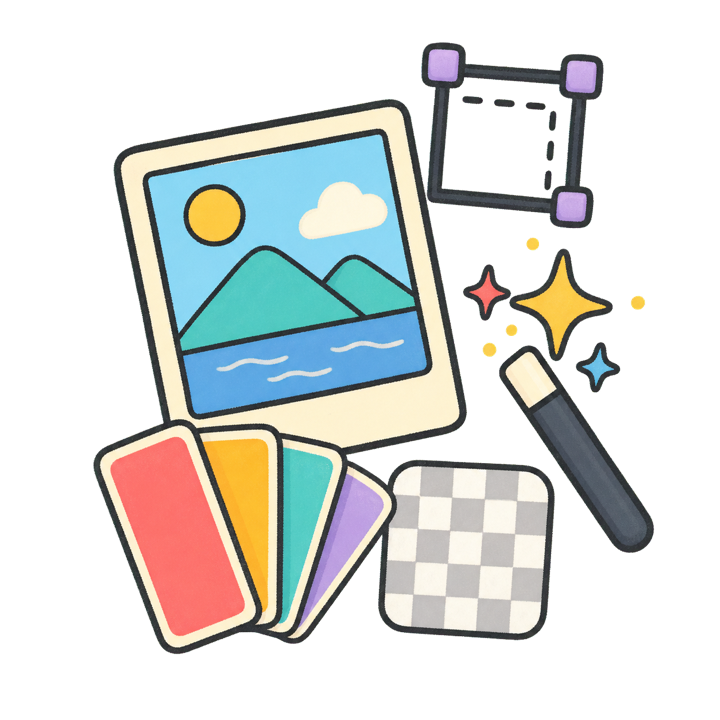 Doodly illustration of an image frame, crop handles, color swatches, and a magic wand