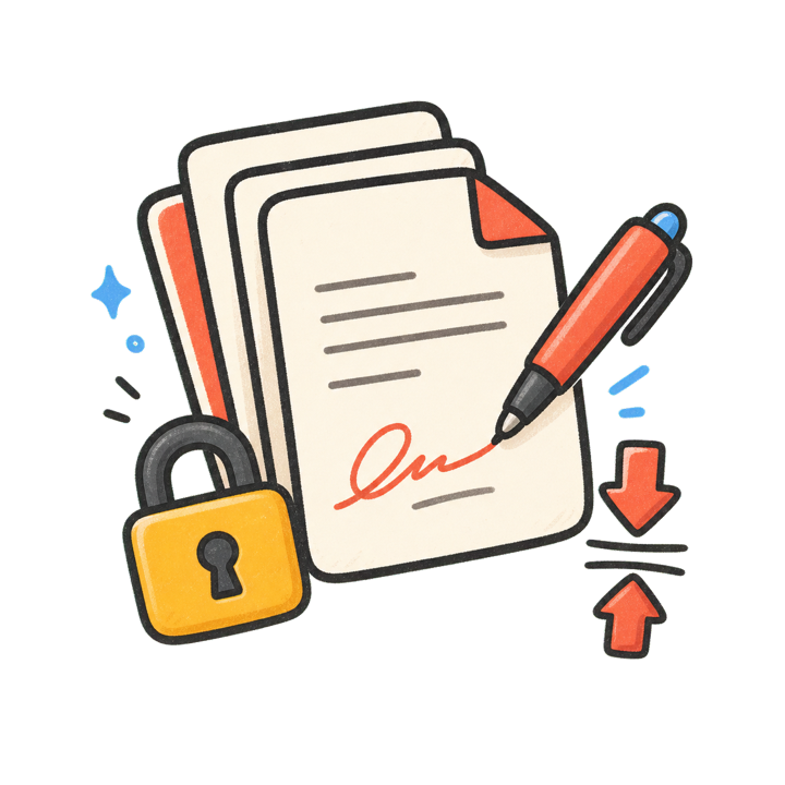 Doodly illustration of PDF pages, a pen, a lock, and compression arrows