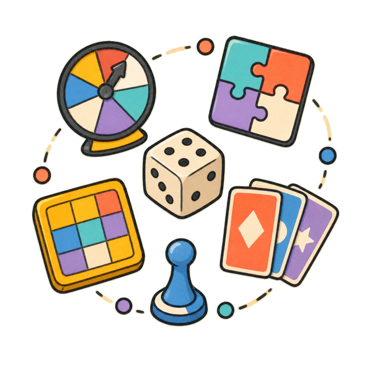 Doodly illustration of a spin wheel, puzzle tile, cards, dice, and game token